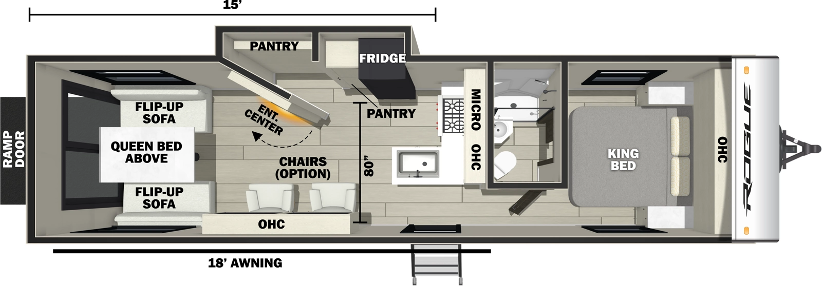 The Vengeance Rogue SUT 28SUT floorplan is a toy hauler that has one entry and one slide out. Exterior features include: fiberglass exterior and 18' awning. Interiors features include: front bedroom.